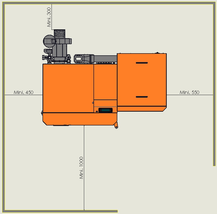 Schéma des côtes d'emplacement de la chaudière à granulés Morvan GM EASY 12-48 kW, indiquant les dimensions externes et les positions des raccordements hydrauliques, électriques et de fumées pour l’installation.