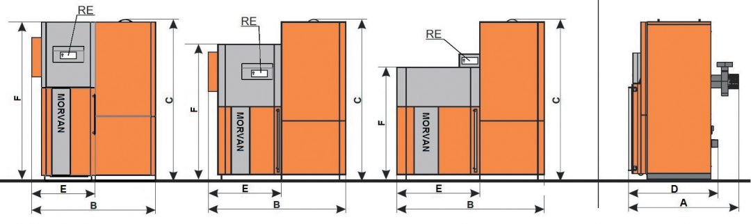 Schéma des côtes de la chaudière à granulés Morvan GM EASY 12-48 kW, indiquant les dimensions externes et les positions des raccordements hydrauliques, électriques et de fumées pour l’installation.