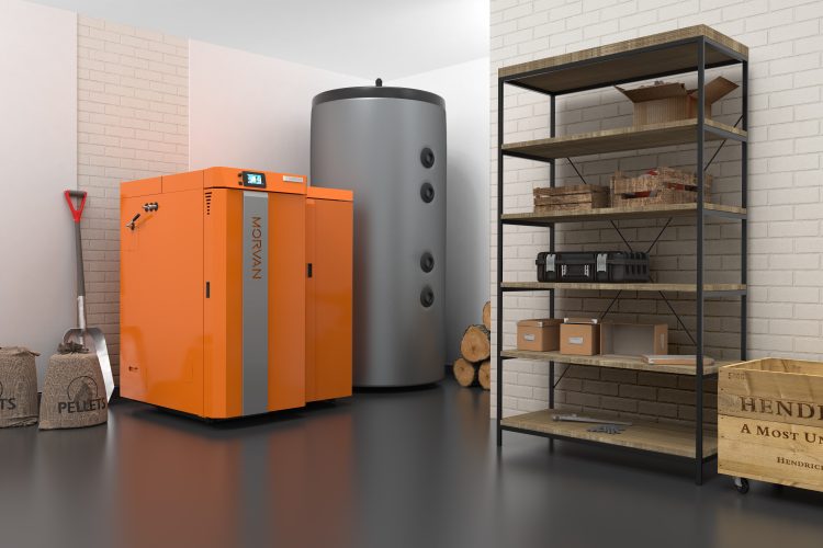 Photo ambiance chaudière mixte GMX EASY (25 à 45 kW), combinant bois et granulés pour un chauffage confortable et autonome. Dotée d'un double foyer de combustion avec relai automatique, d'un écran tactile intuitif, et d'un fonctionnement 100 % automatique en mode granulés. Grande capacité de chargement pour bûches et régulation intégrée pour la production de chauffage et d'eau chaude. Morvan