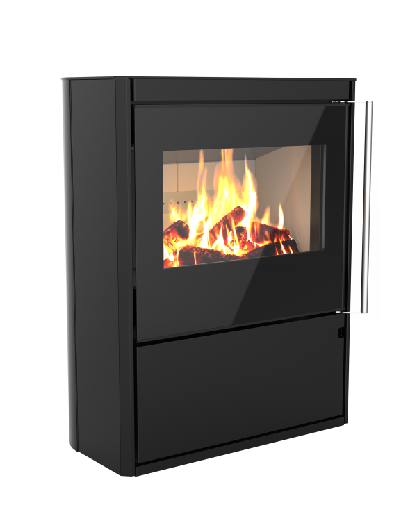 Poêle à bois Horizon de Morvan, avec une puissance de 8,1 kW, disponible en finitions acier noir et pierre de taille. Conçu pour des bûches de 50 cm, il intègre un espace de rangement pour le bois et offre une vue panoramique sur les flammes grâce à sa porte vitrée. Performant et écologique, ce modèle est certifié Flamme Verte pour un chauffage respectueux de l’environnement.
