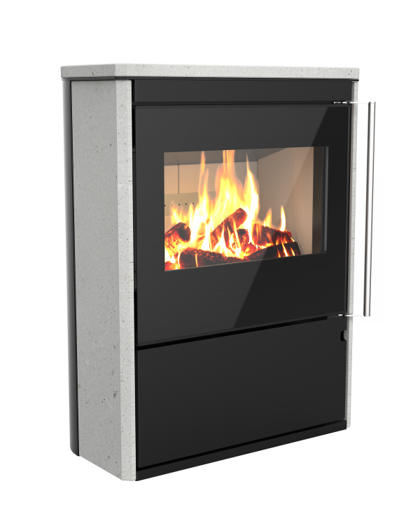 Poêle à bois Horizon de Morvan, avec une puissance de 8,1 kW, disponible en finitions acier noir et pierre de taille. Conçu pour des bûches de 50 cm, il intègre un espace de rangement pour le bois et offre une vue panoramique sur les flammes grâce à sa porte vitrée. Performant et écologique, ce modèle est certifié Flamme Verte pour un chauffage respectueux de l’environnement.
