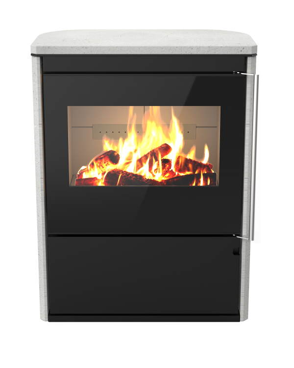 Poêle à bois Horizon de Morvan, avec une puissance de 8,1 kW, disponible en finitions acier noir et pierre de taille. Conçu pour des bûches de 50 cm, il intègre un espace de rangement pour le bois et offre une vue panoramique sur les flammes grâce à sa porte vitrée. Performant et écologique, ce modèle est certifié Flamme Verte pour un chauffage respectueux de l’environnement.
