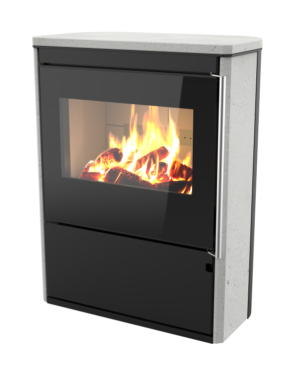Poêle à bois Horizon de Morvan, avec une puissance de 8,1 kW, disponible en finitions acier noir et pierre de taille. Conçu pour des bûches de 50 cm, il intègre un espace de rangement pour le bois et offre une vue panoramique sur les flammes grâce à sa porte vitrée. Performant et écologique, ce modèle est certifié Flamme Verte pour un chauffage respectueux de l’environnement.