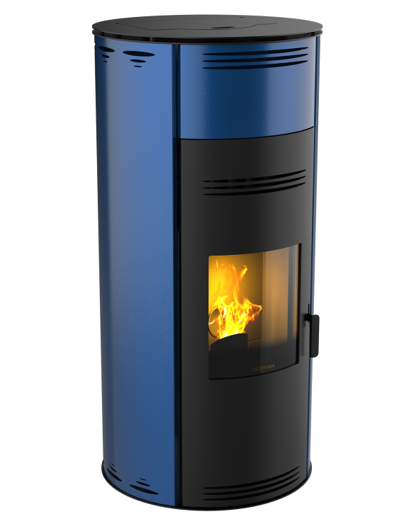 Poêle à granulés Sph'R XL bleu de Morvan, offrant une puissance élevée avec une modulation ajustable pour chauffer de plus grands espaces. Rendement optimisé à 92 %, équipé d'une télécommande avec thermostat d'ambiance pour un réglage automatique de la température. Design moderne et technologie de triple combustion pour maximiser la chaleur tout en réduisant les émissions.