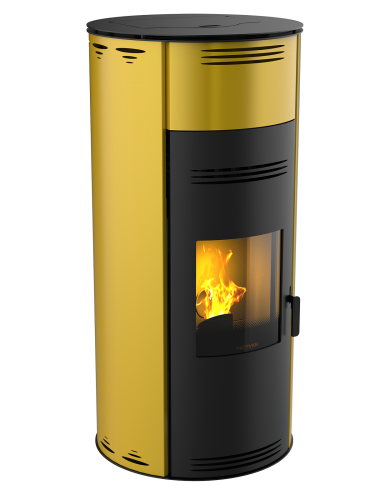 Poêle à granulés Sph'R XL jaune de Morvan, offrant une puissance élevée avec une modulation ajustable pour chauffer de plus grands espaces. Rendement optimisé à 92 %, équipé d'une télécommande avec thermostat d'ambiance pour un réglage automatique de la température. Design moderne et technologie de triple combustion pour maximiser la chaleur tout en réduisant les émissions.