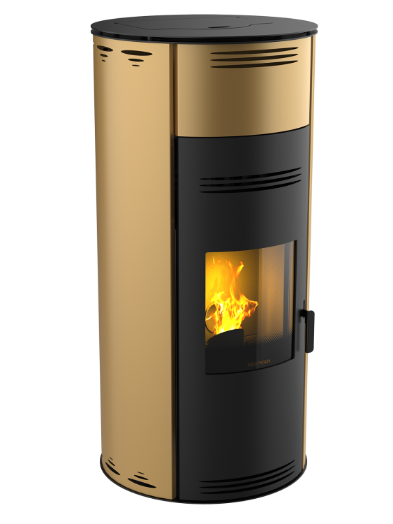 Poêle à granulés Sph'R XL or de Morvan, offrant une puissance élevée avec une modulation ajustable pour chauffer de plus grands espaces. Rendement optimisé à 92 %, équipé d'une télécommande avec thermostat d'ambiance pour un réglage automatique de la température. Design moderne et technologie de triple combustion pour maximiser la chaleur tout en réduisant les émissions.