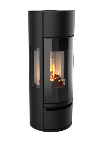 Poêle à bois Vision'R noir de Morvan, offrant une puissance de 6 à 6,4 kW et un rendement de 77 %. Il dispose d'une conception élégante avec une chambre de combustion cylindrique, et des vitres offrant une vision intégrale des flammes. Idéal pour un chauffage performant et écologique avec certification Flamme Verte.