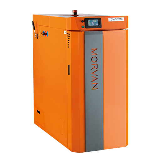 Chaudière bois SX EASY à tirage inversé (25 à 45 kW) avec ventilateur d'extraction et sonde lambda. Équipée d'un réglage motorisé des volets d'air, d'une régulation par écran tactile, et d'une grande capacité de chargement pour bûches de 50 cm. Rendement de 93 % et maintenance simplifiée avec accès aux composants pour un nettoyage facile.