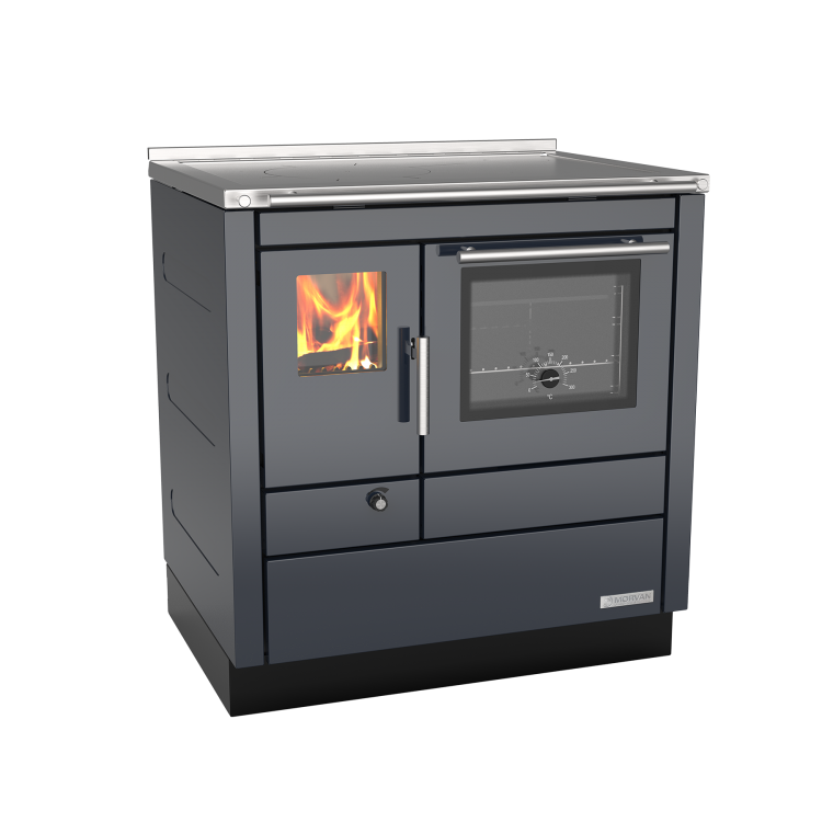 Cuisinière à bois Cook'R 80 de Morvan, puissance de 5,2 kW, avec un rendement de 87 %. Disponible en trois finitions (noir, blanc, et anthracite) et équipée d’une plaque de cuisson en acier poli et d’un four spacieux. Conçue pour une intégration facile avec des boucliers thermiques, elle offre une cuisson authentique au bois et un chauffage d’appoint, créant une ambiance chaleureuse dans la cuisine.