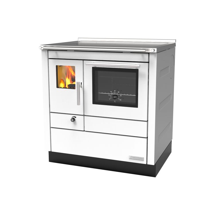Cuisinière à bois Cook'R 80 de Morvan, puissance de 5,2 kW, avec un rendement de 87 %. Disponible en trois finitions (noir, blanc, et anthracite) et équipée d’une plaque de cuisson en acier poli et d’un four spacieux. Conçue pour une intégration facile avec des boucliers thermiques, elle offre une cuisson authentique au bois et un chauffage d’appoint, créant une ambiance chaleureuse dans la cuisine.
