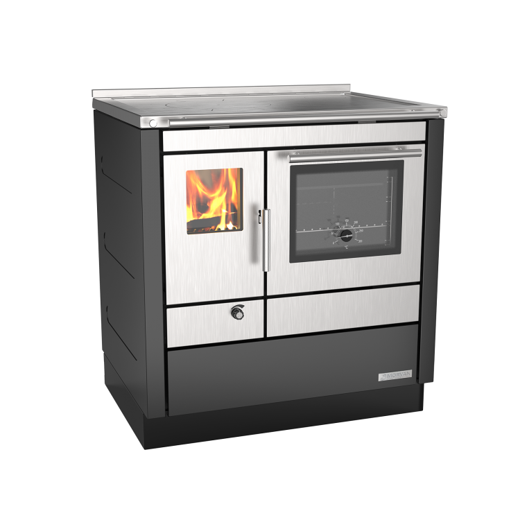 Cuisinière à bois Cook'R 80 de Morvan, puissance de 5,2 kW, avec un rendement de 87 %. Disponible en trois finitions (noir, blanc, et anthracite) et équipée d’une plaque de cuisson en acier poli et d’un four spacieux. Conçue pour une intégration facile avec des boucliers thermiques, elle offre une cuisson authentique au bois et un chauffage d’appoint, créant une ambiance chaleureuse dans la cuisine.