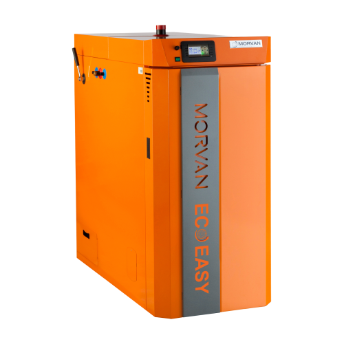 Chaudière bois à tirage inversé Eco EASY (25 à 45 kW), avec ventilateur d'extraction et réglage manuel des volets d'admission d'air. Haute performance, rendement de 93 %, système de décendrage et d'échange à haut rendement. Tablette de commande simple et grande porte de chargement adaptée aux bûches.