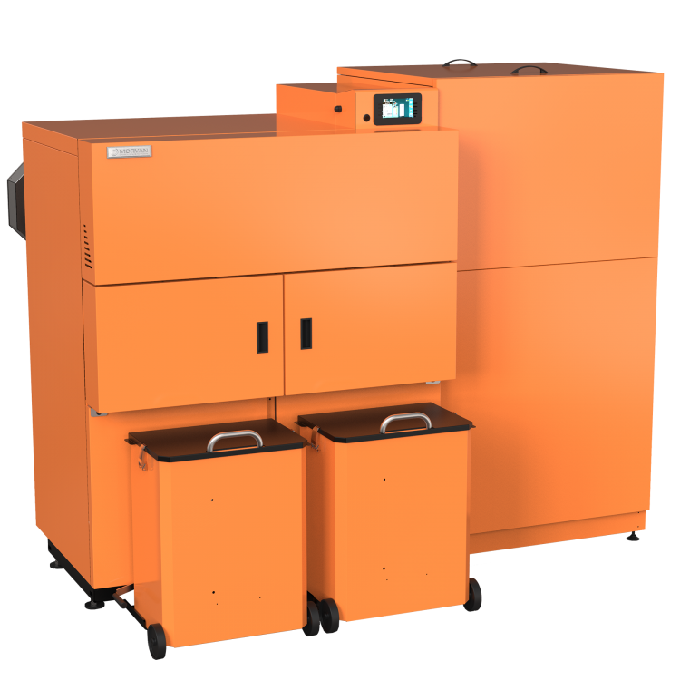 Chaudière granulés GM EASY 69-96, adaptée aux puissances élevées (16 à 96 kW). Équipée d'un écran tactile intuitif, d'un système de décentrage automatique et d'un échangeur thermique. Réservoir compatible avec système d'aspiration automatique. Combustion optimisée par sonde lambda pour des performances maximales.