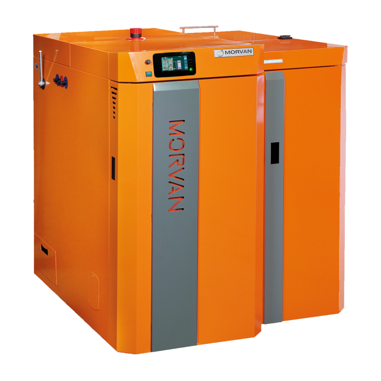 Chaudière mixte GMX EASY (25 à 45 kW), combinant bois et granulés pour un chauffage confortable et autonome. Dotée d'un double foyer de combustion avec relai automatique, d'un écran tactile intuitif, et d'un fonctionnement 100 % automatique en mode granulés. Grande capacité de chargement pour bûches et régulation intégrée pour la production de chauffage et d'eau chaude. Morvan