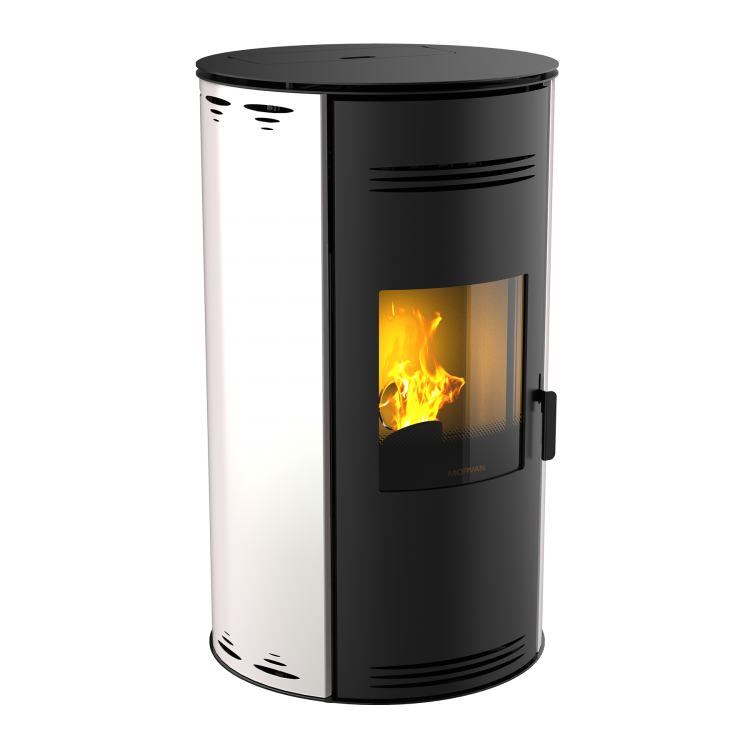 Poêle à granulés Sph'R blanc absolu de MORVAN, puissance modulable de 3,5 à 8,3 kW, rendement de 92 %. Équipé d'une télécommande avec thermostat d'ambiance pour un contrôle automatique de la température. Design moderne avec système de triple combustion et bougie en cristal de quartz pour un allumage rapide et une consommation d'énergie réduite.