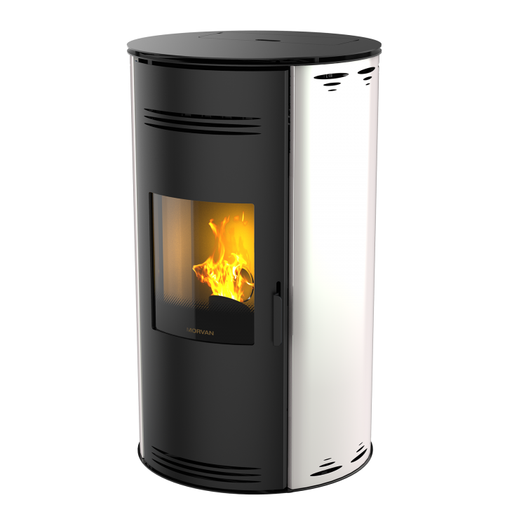 Poêle à granulés Sph'R blanc absolu de MORVAN, puissance modulable de 3,5 à 8,3 kW, rendement de 92 %. Équipé d'une télécommande avec thermostat d'ambiance pour un contrôle automatique de la température. Design moderne avec système de triple combustion et bougie en cristal de quartz pour un allumage rapide et une consommation d'énergie réduite.