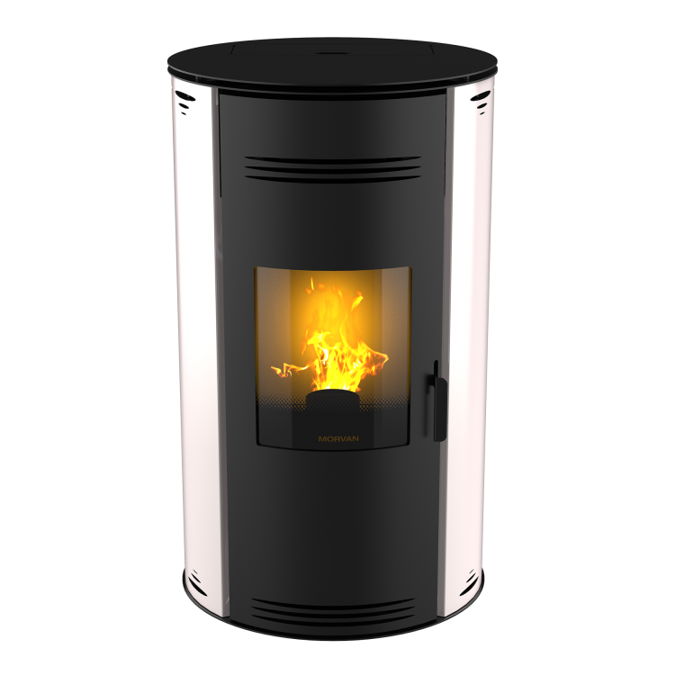 Poêle à granulés Sph'R blanc absolu de MORVAN, puissance modulable de 3,5 à 8,3 kW, rendement de 92 %. Équipé d'une télécommande avec thermostat d'ambiance pour un contrôle automatique de la température. Design moderne avec système de triple combustion et bougie en cristal de quartz pour un allumage rapide et une consommation d'énergie réduite.