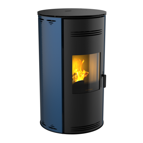 Poêle à granulés Sph'R bleu océan de MORVAN, puissance modulable de 3,5 à 8,3 kW, rendement de 92 %. Équipé d'une télécommande avec thermostat d'ambiance pour un contrôle automatique de la température. Design moderne avec système de triple combustion et bougie en cristal de quartz pour un allumage rapide et une consommation d'énergie réduite.