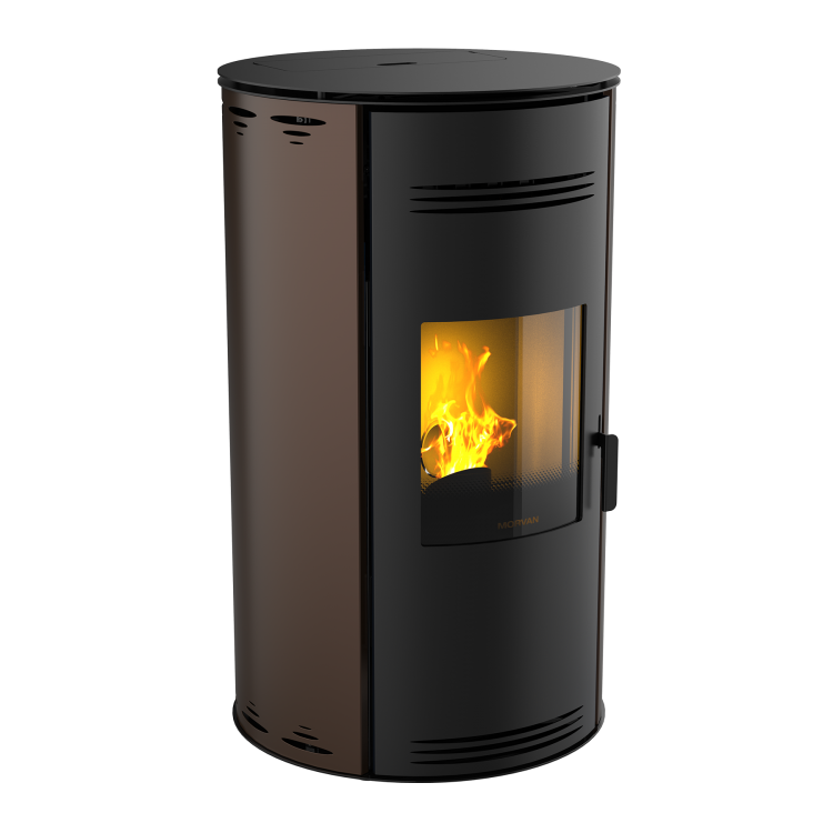 Poêle à granulés Sph'R bronze de MORVAN, puissance modulable de 3,5 à 8,3 kW, rendement de 92 %. Équipé d'une télécommande avec thermostat d'ambiance pour un contrôle automatique de la température. Design moderne avec système de triple combustion et bougie en cristal de quartz pour un allumage rapide et une consommation d'énergie réduite.