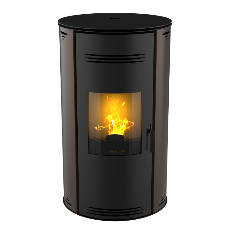 Poêle à granulés Sph'R bronze de MORVAN, puissance modulable de 3,5 à 8,3 kW, rendement de 92 %. Équipé d'une télécommande avec thermostat d'ambiance pour un contrôle automatique de la température. Design moderne avec système de triple combustion et bougie en cristal de quartz pour un allumage rapide et une consommation d'énergie réduite.