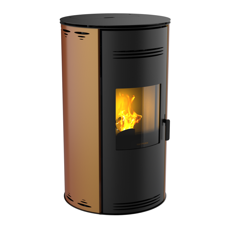 Poêle à granulés Sph'R cuivre de MORVAN, puissance modulable de 3,5 à 8,3 kW, rendement de 92 %. Équipé d'une télécommande avec thermostat d'ambiance pour un contrôle automatique de la température. Design moderne avec système de triple combustion et bougie en cristal de quartz pour un allumage rapide et une consommation d'énergie réduite.