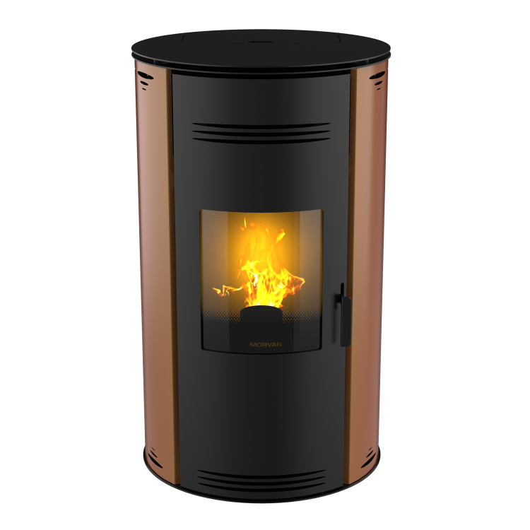 Poêle à granulés Sph'R cuivre de MORVAN, puissance modulable de 3,5 à 8,3 kW, rendement de 92 %. Équipé d'une télécommande avec thermostat d'ambiance pour un contrôle automatique de la température. Design moderne avec système de triple combustion et bougie en cristal de quartz pour un allumage rapide et une consommation d'énergie réduite.