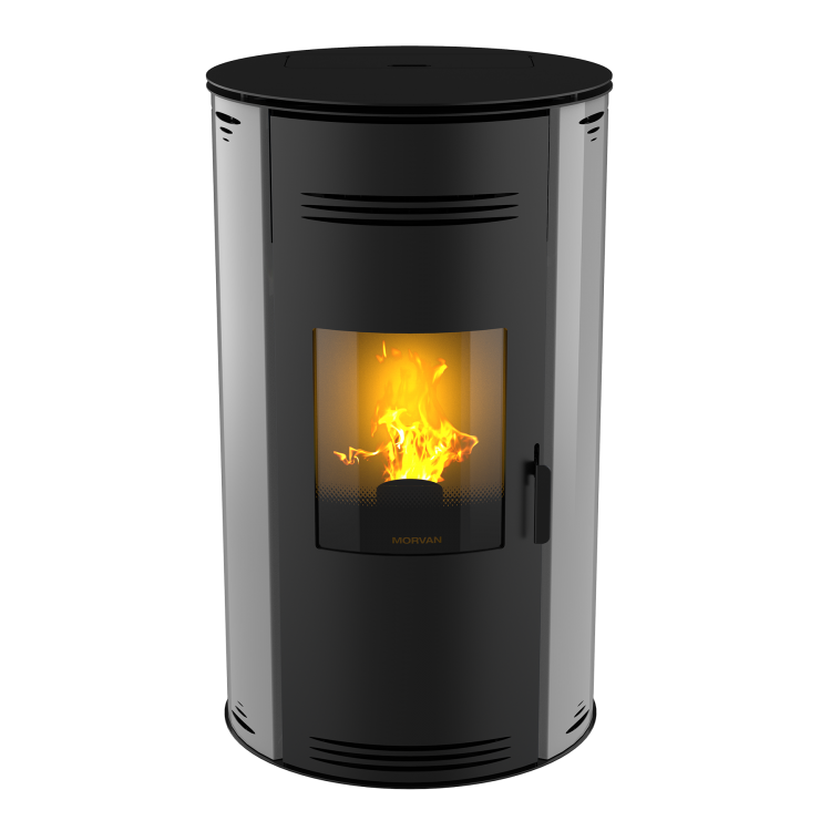 Poêle à granulés Sph'R gris anthracite de MORVAN, puissance modulable de 3,5 à 8,3 kW, rendement de 92 %. Équipé d'une télécommande avec thermostat d'ambiance pour un contrôle automatique de la température. Design moderne avec système de triple combustion et bougie en cristal de quartz pour un allumage rapide et une consommation d'énergie réduite.