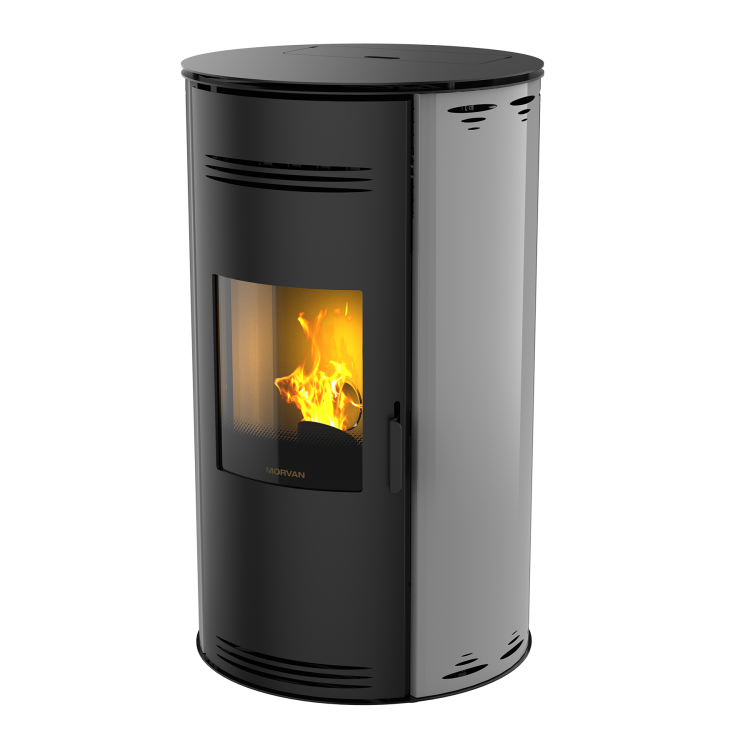 Poêle à granulés Sph'R gris anthracite de MORVAN, puissance modulable de 3,5 à 8,3 kW, rendement de 92 %. Équipé d'une télécommande avec thermostat d'ambiance pour un contrôle automatique de la température. Design moderne avec système de triple combustion et bougie en cristal de quartz pour un allumage rapide et une consommation d'énergie réduite.