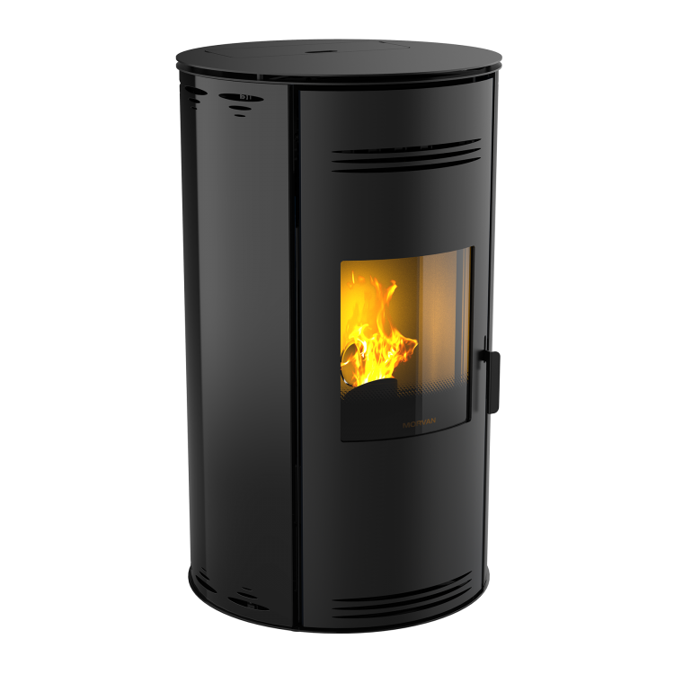 Poêle à granulés Sph'R noir satine de MORVAN, puissance modulable de 3,5 à 8,3 kW, rendement de 92 %. Équipé d'une télécommande avec thermostat d'ambiance pour un contrôle automatique de la température. Design moderne avec système de triple combustion et bougie en cristal de quartz pour un allumage rapide et une consommation d'énergie réduite.
