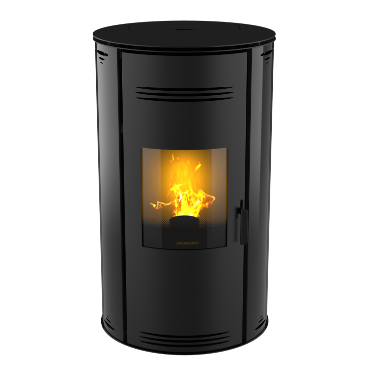 Poêle à granulés Sph'R noir satine de MORVAN, puissance modulable de 3,5 à 8,3 kW, rendement de 92 %. Équipé d'une télécommande avec thermostat d'ambiance pour un contrôle automatique de la température. Design moderne avec système de triple combustion et bougie en cristal de quartz pour un allumage rapide et une consommation d'énergie réduite.