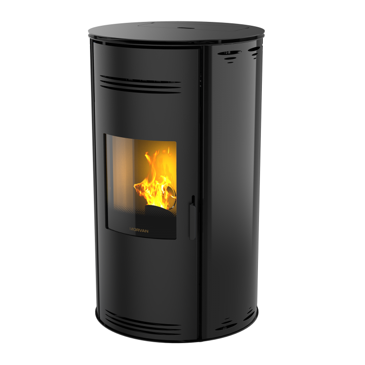 Poêle à granulés Sph'R noir satine de MORVAN, puissance modulable de 3,5 à 8,3 kW, rendement de 92 %. Équipé d'une télécommande avec thermostat d'ambiance pour un contrôle automatique de la température. Design moderne avec système de triple combustion et bougie en cristal de quartz pour un allumage rapide et une consommation d'énergie réduite.
