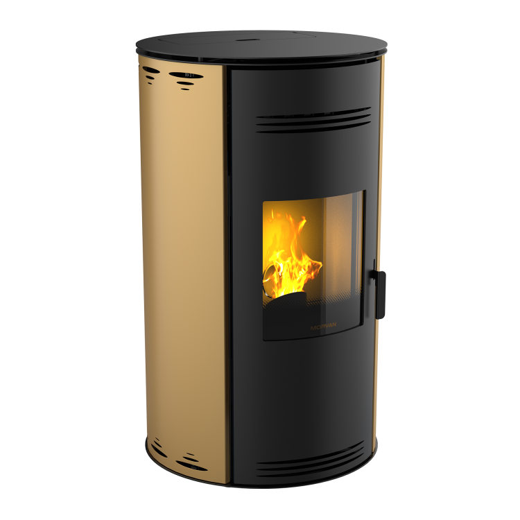 Poêle à granulés Sph'R or de MORVAN, puissance modulable de 3,5 à 8,3 kW, rendement de 92 %. Équipé d'une télécommande avec thermostat d'ambiance pour un contrôle automatique de la température. Design moderne avec système de triple combustion et bougie en cristal de quartz pour un allumage rapide et une consommation d'énergie réduite.