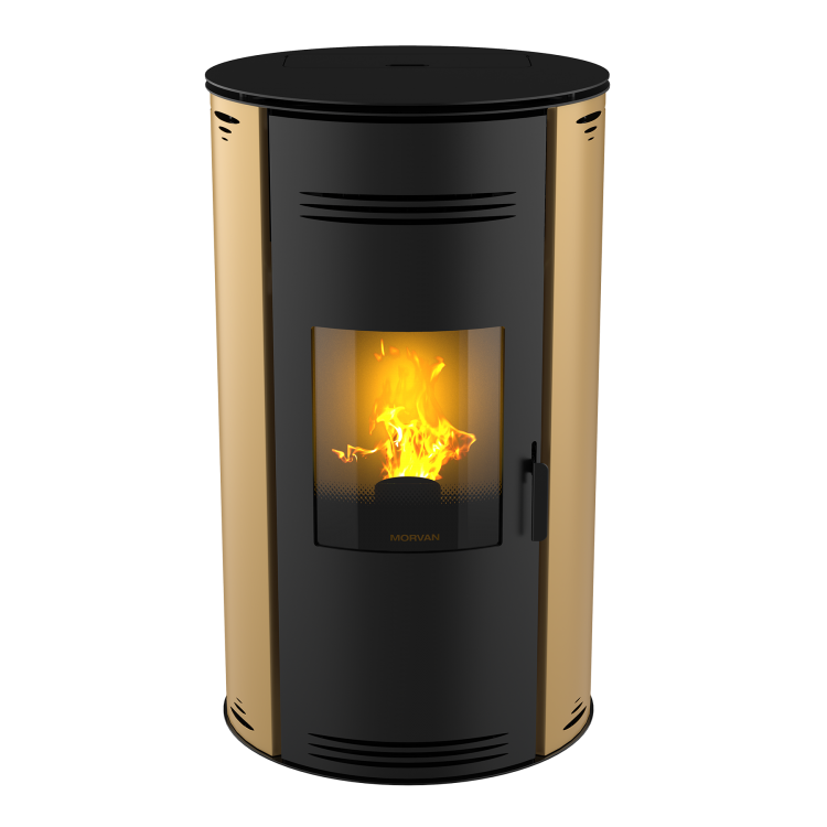 Poêle à granulés Sph'R or de MORVAN, puissance modulable de 3,5 à 8,3 kW, rendement de 92 %. Équipé d'une télécommande avec thermostat d'ambiance pour un contrôle automatique de la température. Design moderne avec système de triple combustion et bougie en cristal de quartz pour un allumage rapide et une consommation d'énergie réduite.