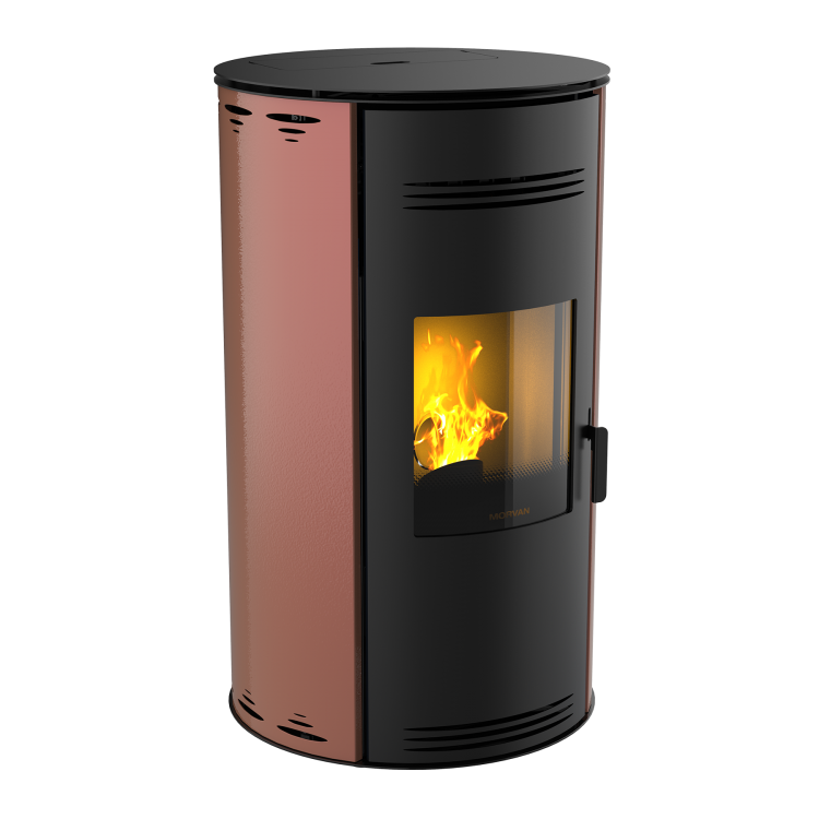 Poêle à granulés Sph'R rose quartz de MORVAN, puissance modulable de 3,5 à 8,3 kW, rendement de 92 %. Équipé d'une télécommande avec thermostat d'ambiance pour un contrôle automatique de la température. Design moderne avec système de triple combustion et bougie en cristal de quartz pour un allumage rapide et une consommation d'énergie réduite.
