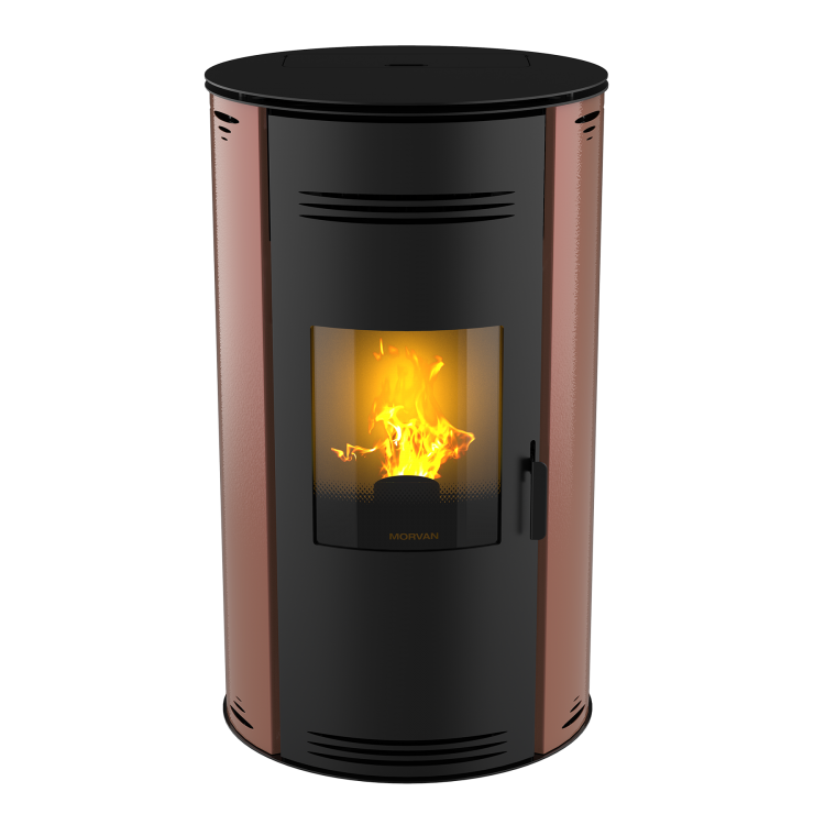 Poêle à granulés Sph'R rose quartz de MORVAN, puissance modulable de 3,5 à 8,3 kW, rendement de 92 %. Équipé d'une télécommande avec thermostat d'ambiance pour un contrôle automatique de la température. Design moderne avec système de triple combustion et bougie en cristal de quartz pour un allumage rapide et une consommation d'énergie réduite.