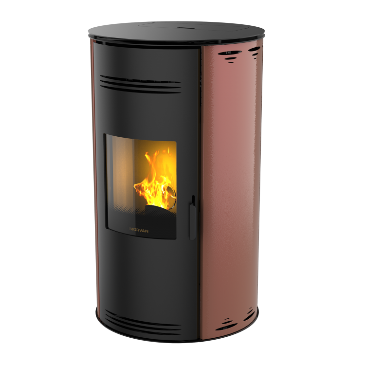 Poêle à granulés Sph'R rose quartz de MORVAN, puissance modulable de 3,5 à 8,3 kW, rendement de 92 %. Équipé d'une télécommande avec thermostat d'ambiance pour un contrôle automatique de la température. Design moderne avec système de triple combustion et bougie en cristal de quartz pour un allumage rapide et une consommation d'énergie réduite.