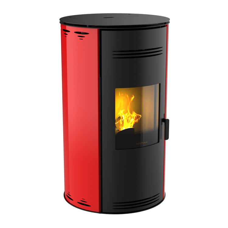 Poêle à granulés Sph'R ROUGE INTENSE de MORVAN, puissance modulable de 3,5 à 8,3 kW, rendement de 92 %. Équipé d'une télécommande avec thermostat d'ambiance pour un contrôle automatique de la température. Design moderne avec système de triple combustion et bougie en cristal de quartz pour un allumage rapide et une consommation d'énergie réduite.
