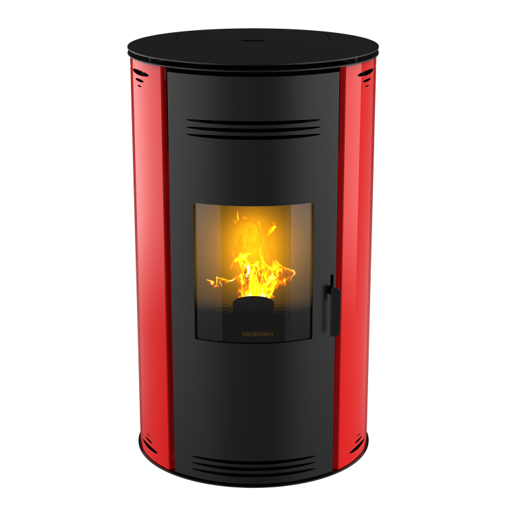 Poêle à granulés Sph'R ROUGE INTENSE de MORVAN, puissance modulable de 3,5 à 8,3 kW, rendement de 92 %. Équipé d'une télécommande avec thermostat d'ambiance pour un contrôle automatique de la température. Design moderne avec système de triple combustion et bougie en cristal de quartz pour un allumage rapide et une consommation d'énergie réduite.
