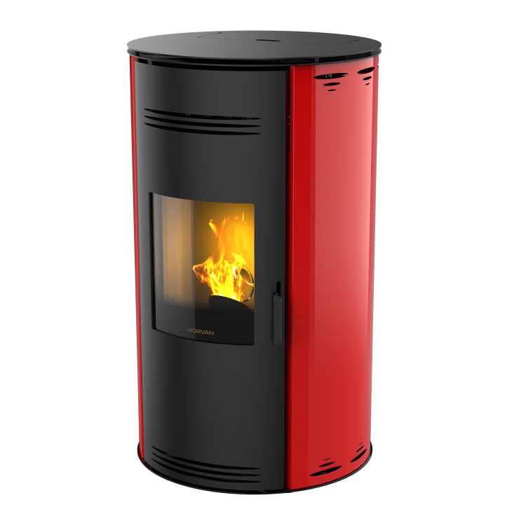Poêle à granulés Sph'R ROUGE INTENSE de MORVAN, puissance modulable de 3,5 à 8,3 kW, rendement de 92 %. Équipé d'une télécommande avec thermostat d'ambiance pour un contrôle automatique de la température. Design moderne avec système de triple combustion et bougie en cristal de quartz pour un allumage rapide et une consommation d'énergie réduite.