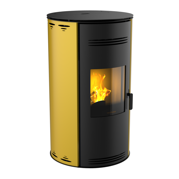 Poêle à granulés Sph'R terre de sienne de MORVAN, puissance modulable de 3,5 à 8,3 kW, rendement de 92 %. Équipé d'une télécommande avec thermostat d'ambiance pour un contrôle automatique de la température. Design moderne avec système de triple combustion et bougie en cristal de quartz pour un allumage rapide et une consommation d'énergie réduite.