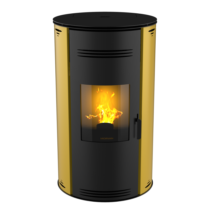 Poêle à granulés Sph'R terre de sienne de MORVAN, puissance modulable de 3,5 à 8,3 kW, rendement de 92 %. Équipé d'une télécommande avec thermostat d'ambiance pour un contrôle automatique de la température. Design moderne avec système de triple combustion et bougie en cristal de quartz pour un allumage rapide et une consommation d'énergie réduite.