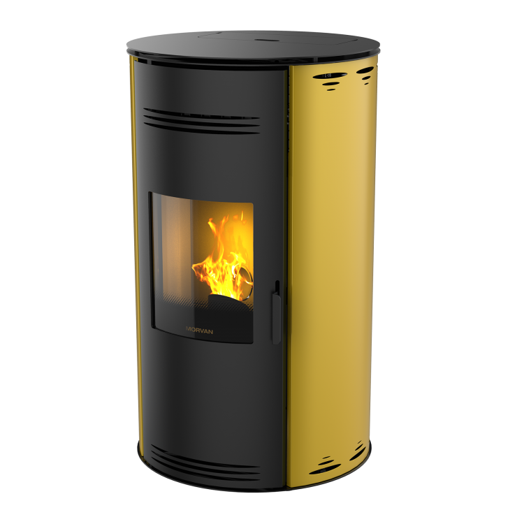 Poêle à granulés Sph'R terre de sienne de MORVAN, puissance modulable de 3,5 à 8,3 kW, rendement de 92 %. Équipé d'une télécommande avec thermostat d'ambiance pour un contrôle automatique de la température. Design moderne avec système de triple combustion et bougie en cristal de quartz pour un allumage rapide et une consommation d'énergie réduite.
