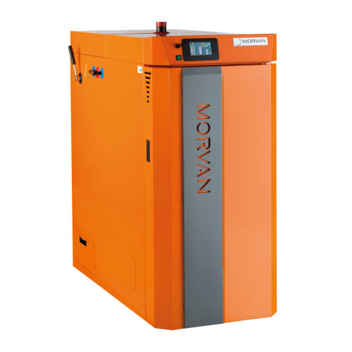 Chaudière bois SX EASY à tirage inversé (25 à 45 kW) avec ventilateur d'extraction et sonde lambda. Équipée d'un réglage motorisé des volets d'air, d'une régulation par écran tactile, et d'une grande capacité de chargement pour bûches de 50 cm. Rendement de 93 % et maintenance simplifiée avec accès aux composants pour un nettoyage facile.