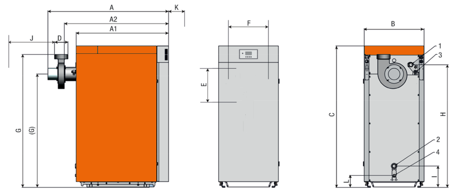 Schéma des côtes d'encombrement de la chaudière à granulés Morvan SX EVO, indiquant les dimensions minimales pour l'installation, ainsi que les distances de sécurité autour de la chaudière pour un montage optimal et sécurisé.