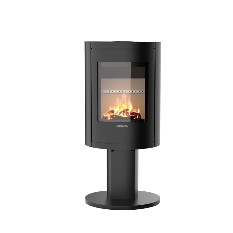 Poêle à bois Stel'R de Morvan, avec une puissance de 4,5 kW et un rendement énergétique de 81 %. Conçu pour brûler des bûches de 25 cm, ce poêle au design élégant des années 50 assure un chauffage performant et écologique grâce à sa technologie de triple combustion.