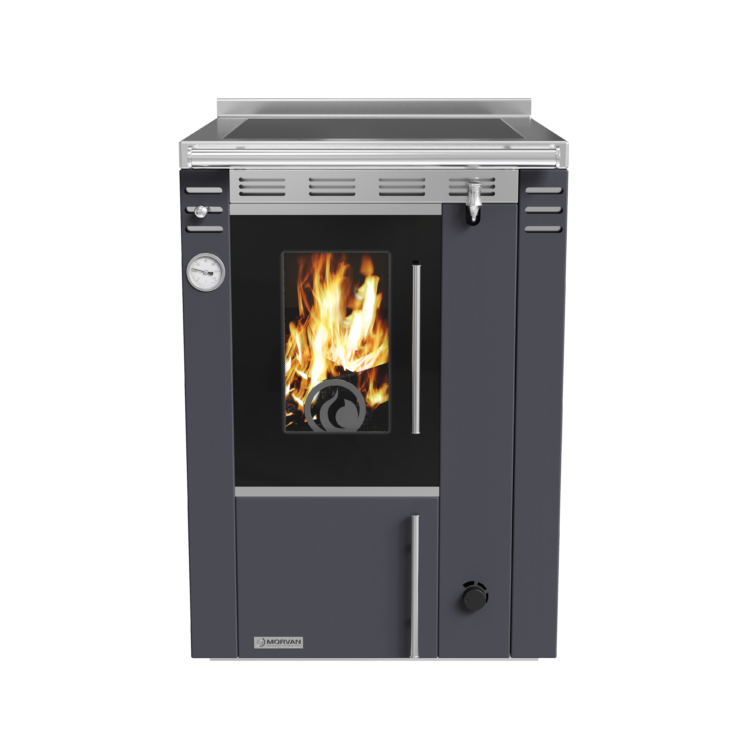 Cuisinière à bois Arthéna 10 de Morvan, puissance de 15,8 kW avec un rendement de 84,7 %. Dotée d’une plaque de cuisson en fonte polie, d’un four spacieux et d’un raccordement pour chauffage central. Conçue pour des bûches, elle assure un chauffage écologique et performant tout en offrant un mode de cuisson authentique au bois. Disponible en finitions anthracite et ivoire, idéale pour les cuisines traditionnelles ou modernes.