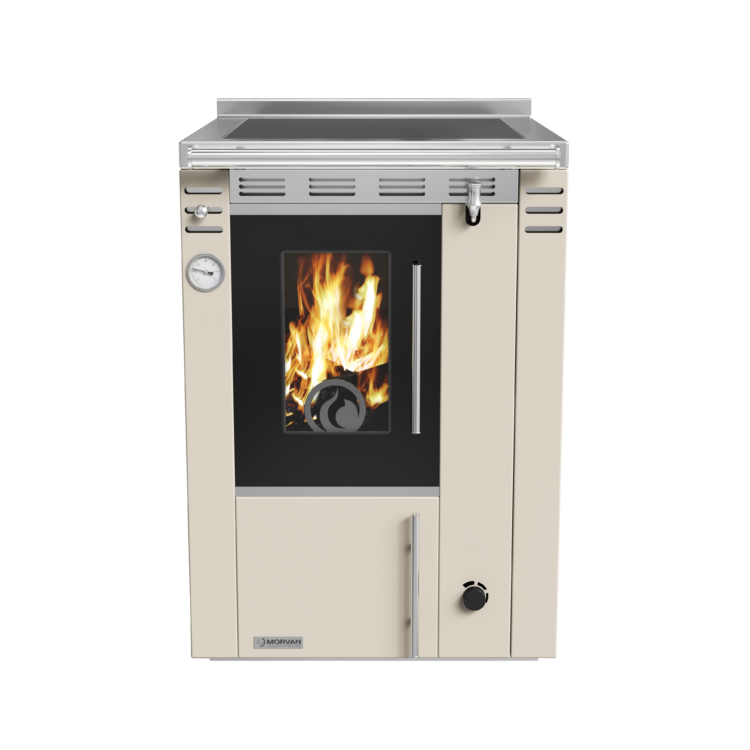 Cuisinière à bois Arthéna 10 de Morvan, puissance de 15,8 kW avec un rendement de 84,7 %. Dotée d’une plaque de cuisson en fonte polie, d’un four spacieux et d’un raccordement pour chauffage central. Conçue pour des bûches, elle assure un chauffage écologique et performant tout en offrant un mode de cuisson authentique au bois. Disponible en finitions anthracite et ivoire, idéale pour les cuisines traditionnelles ou modernes.