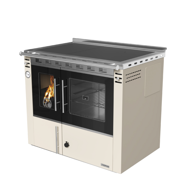 Cuisinière à bois Arthéna 20 de Morvan, puissance de 17,2 kW avec un rendement de 82,9 %. Équipée d’une plaque de cuisson en fonte polie et d’un grand four, elle est conçue pour chauffer une maison entière et se raccorder à un circuit de chauffage central. Acceptant des bûches, elle combine un chauffage efficace et une cuisson traditionnelle, disponible en finition anthracite ou ivoire.
