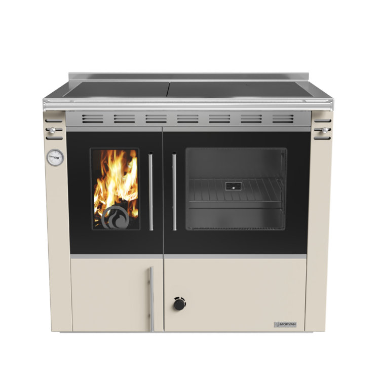 Cuisinière à bois Arthéna 20 de Morvan, puissance de 17,2 kW avec un rendement de 82,9 %. Équipée d’une plaque de cuisson en fonte polie et d’un grand four, elle est conçue pour chauffer une maison entière et se raccorder à un circuit de chauffage central. Acceptant des bûches, elle combine un chauffage efficace et une cuisson traditionnelle, disponible en finition anthracite ou ivoire.