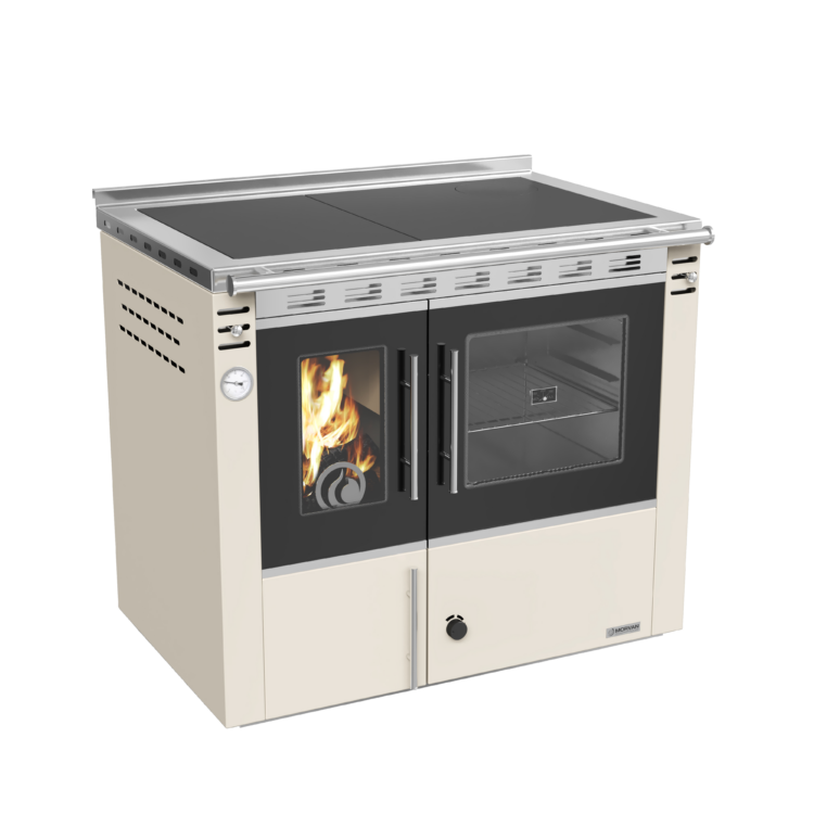 Cuisinière à bois Arthéna 20 de Morvan, puissance de 17,2 kW avec un rendement de 82,9 %. Équipée d’une plaque de cuisson en fonte polie et d’un grand four, elle est conçue pour chauffer une maison entière et se raccorder à un circuit de chauffage central. Acceptant des bûches, elle combine un chauffage efficace et une cuisson traditionnelle, disponible en finition anthracite ou ivoire.